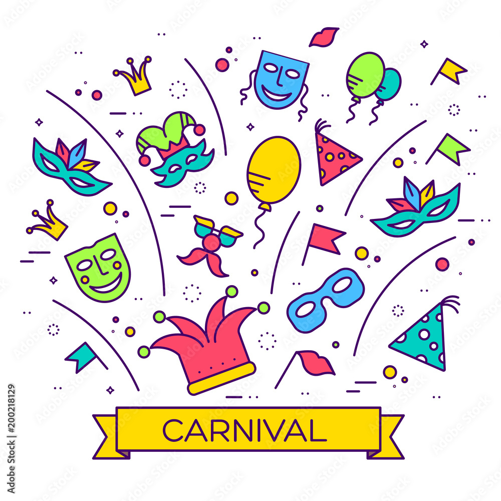 Celebration festival holiday party equipment thin lines illustrationss set. Vector masquerade carnival collection design illustrations 