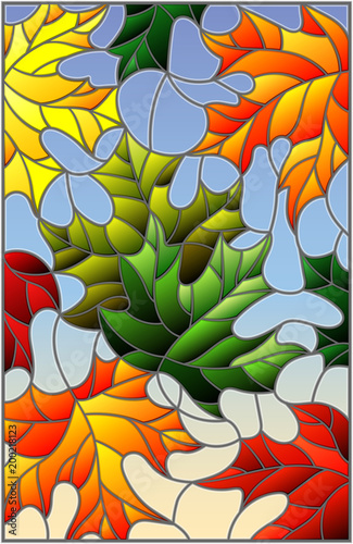 Illustration in stained glass style with colorful maple  leaves on blue background 
