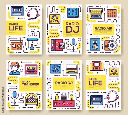 Set of thin line radio life day concept. Art old school tv equpment , magazine, book, poster, abstract, banner, element. Vector workspace in office outline package greeting card or invitation brochure