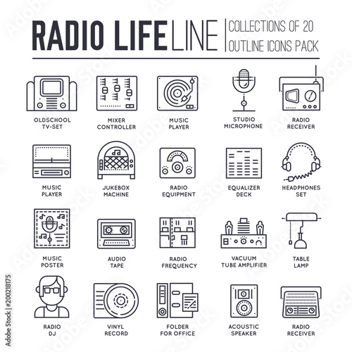 Radio life day thin line collection icon set. Old school tv equpment and workspace in office with Dj presenter man and woman illustration. Vector outline media vintage technology in fm studio