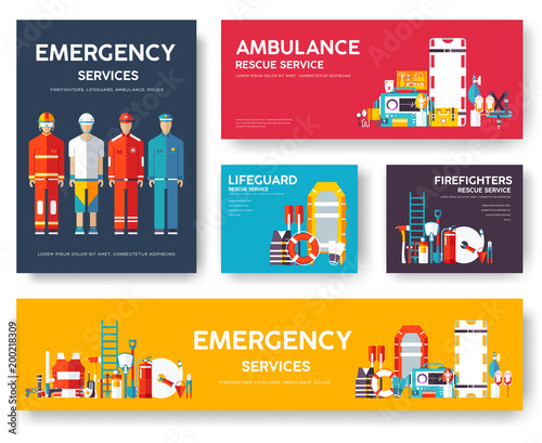 Firefighter, rafting, police, medicine rescue cards template set. Flat design icon of flyear, magazines, posters, book cover, banner. Emergency services layout concept pages with typography background