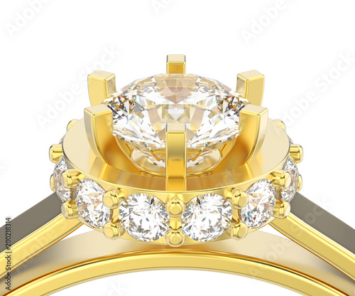 3D illustration isolated close up yellow gold halo bezel pave diamond ring