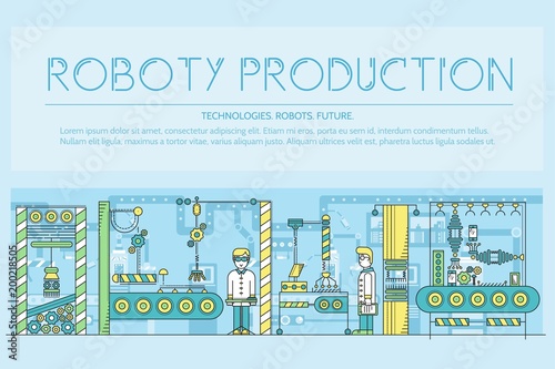 People working on robots assembly line vector outline concept. Robotic production thin line illustration. Banner with typography slogan text design