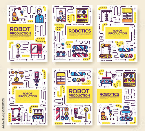 People working on robots assembly thin line set. Robotic production  linear template of flyear, magazines, posters, book cover, banners. Layout repairs outline modern pages