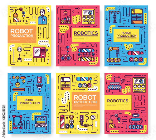 People working on robots assembly thin line set. Robotic production  linear template of flyear, magazines, posters, book cover, banners. Layout repairs outline modern pages