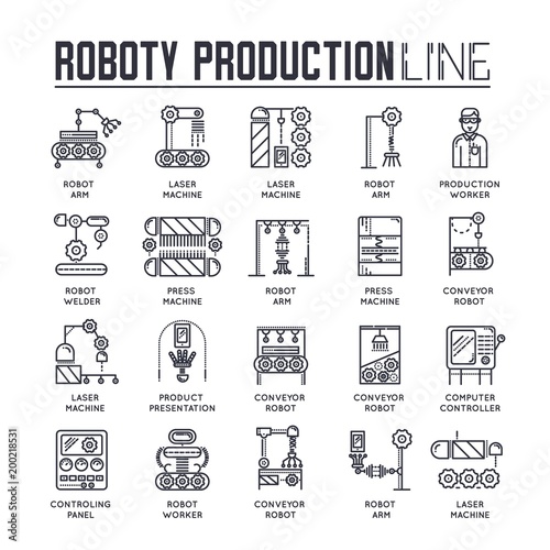 People working on robots assembly line vector outline icons. Robotic production thin line illustration. Banner with typography slogan text design. 