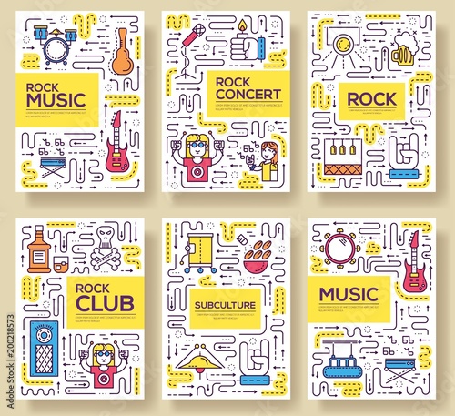 Thin line musicians playing  brochure card set. during the party  template of flyear, magazines, poster, book cover, banners. Outline rock club and bar invitation concept.