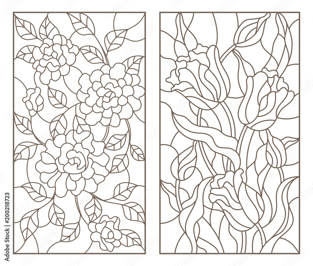 Set of contour stained glass illustrations with bouquets of flowers, roses and tulips, dark outlines on white background