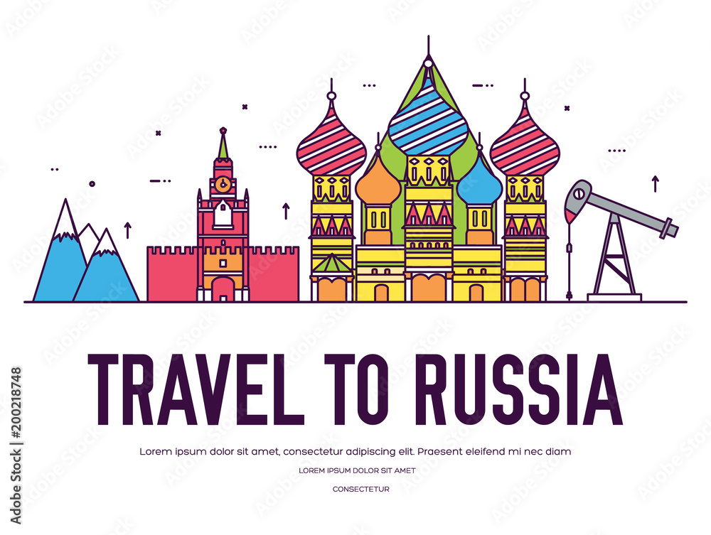 Country Russia  travel vacation of place and feature. Set of architecture, item, nature background concept. Infographic traditional ethnic flat, outline, thin line icon