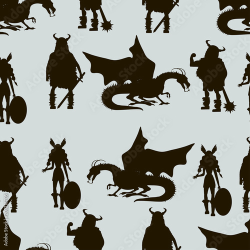 Viking  characters . Valkyrie, berserker, warrior, old man, god Odin, god Thor, drakkar, dragon, girl, boy.Vector seamless pattern. Black silhouette.