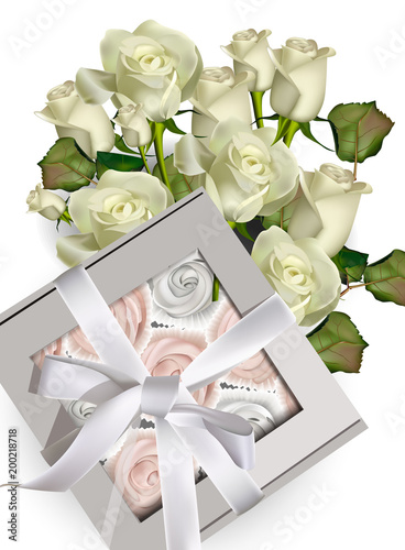 Sweet meringues gift box and white roses bouquet Vector