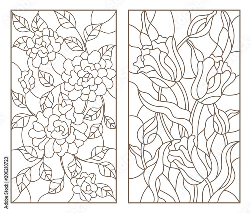 Set of contour stained glass illustrations with bouquets of flowers, roses and tulips, dark outlines on white background