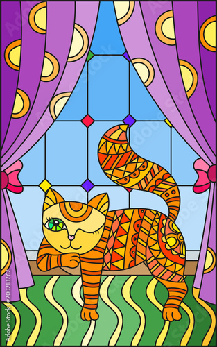 Illustration in stained glass style window with a red  cat on the windowsill