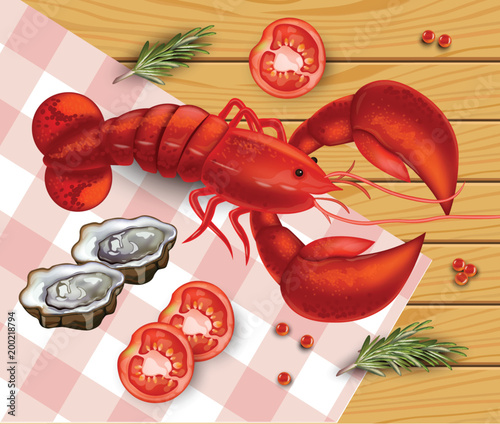 Lobster Vector realistic. Fresh Detailed seafood 3d illustrations