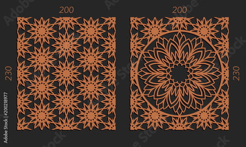 Laser cutting set. Woodcut vector trellis panels. Plywood lasercut floral design. Hexagonal seamless patterns for printing, engraving, paper cut. Stencil lattice ornaments.