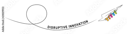 DISRUPTIVE INNOVATION – Eine Gruppe Strichmännchen fliegt kopfüber im Papierflieger