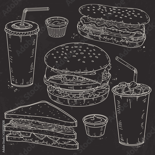 doodle vector set fast food, hamburger, hot dog, drinks and sandwich