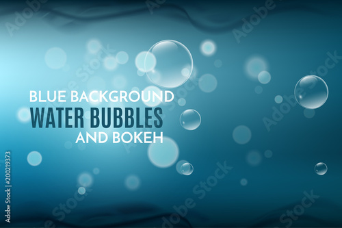 Blue background with deep water bubbles, waves and bokeh. underwater backdrop, vector illustration eps10