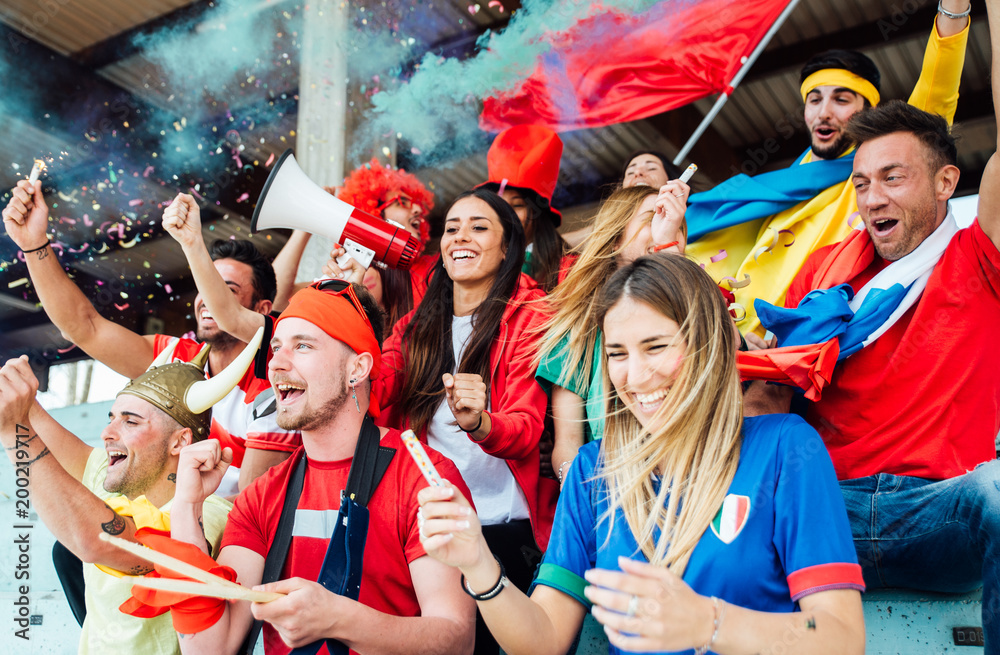 Naklejka premium Football fans supporting their team at the arena for the world championship,