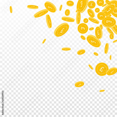 British pound coins falling. Scattered floating GBP coins on transparent background. Energetic scattered top right corner vector illustration. Jackpot or success concept.