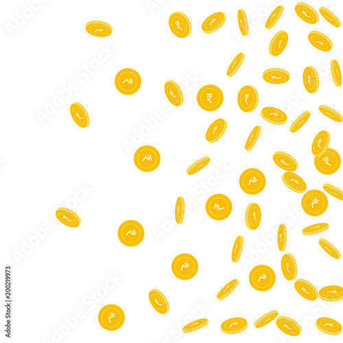 Fototapeta Naklejka Na Ścianę i Meble -  Indian rupee coins falling. Scattered sparse INR coins on white background. Decent right gradient vector illustration. Jackpot or success concept.