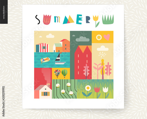 Idillic summer landscape postcard - countryside, town, travel and vacation camp concept - collage of trees, flowers, field with sheep and lake or see waves with a sail boat and resting man on an