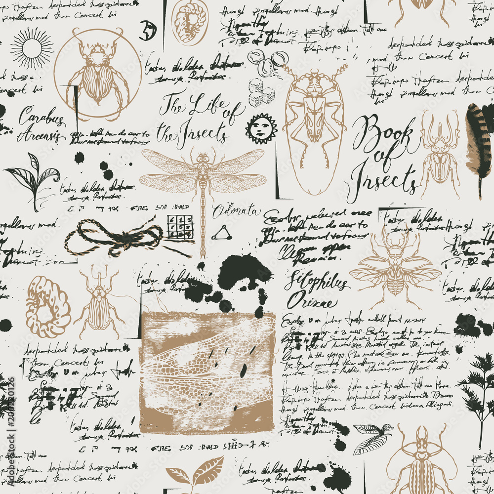 Obraz premium Vector seamless abstract background with insects in retro style. Beetles, dragonflies, ink stains, doodles and handwritten inscriptions on the old manuscripts. Can be used as Wallpaper, wrapping paper