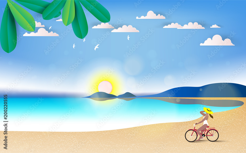 Summer Holiday. Young woman ride the bike on the beach. Healthy leisure and freedom