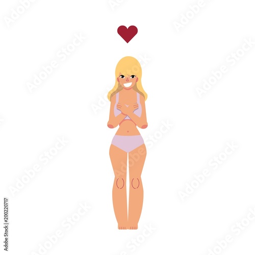 Girl hugs herself and presses her hands to breast with love for her body isolated on white background. Cartoon character of beautiful young woman in underwear for happy body positive concept.