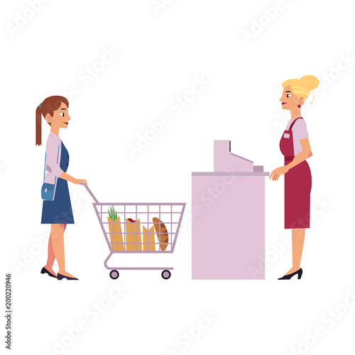 Supermarket cash desk with female cashier in uniform and apron behind equipment and young woman with food goods in storage hand shopping cart isolated on white background, vector illustration.