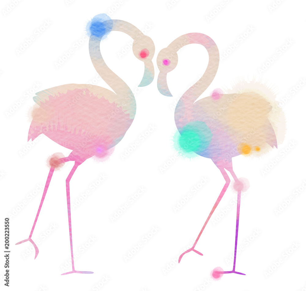 Obraz premium Silhouette watercolor of romantic pink flamingo birds join heads to create a heart. Love and Valentine Day card. Greeting card with love birds. Digital art painting
