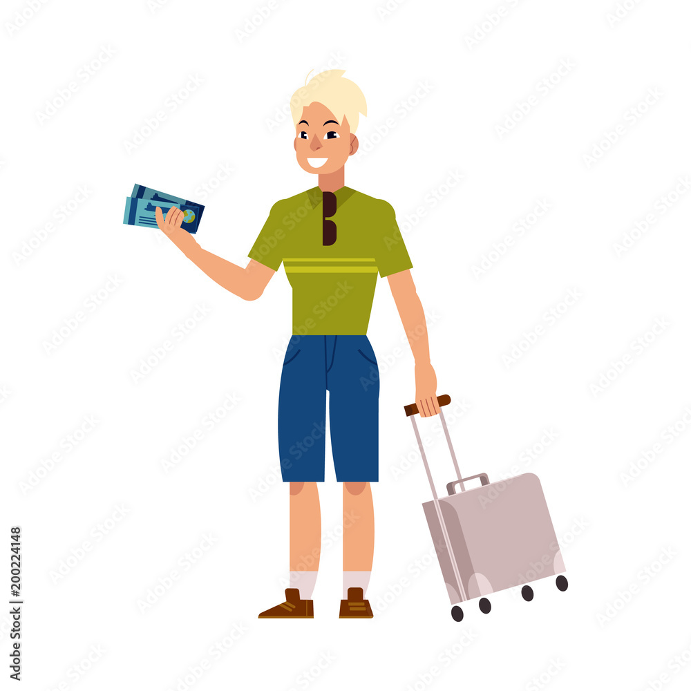 Young man in summer clothing with silver travel suitcase, plastic bag holding airplane tickets smiling. Happy male character, traveller, tourist going to vacation. Vector illustration Young man in summer clothing with silver travel suitcase, plastic bag holding airplane tickets smiling. Happy male character, traveller, tourist going to vacation. Vector illustration