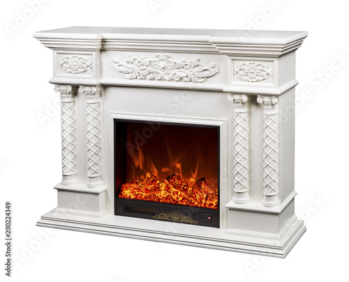 modern decorative electric fireplace with a beautiful burning flame  isolated photo on a white background