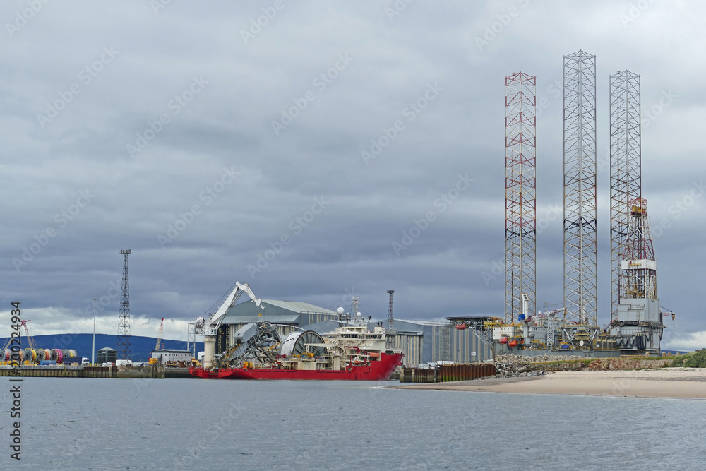 Scotland, industrial port facilities near the oil rigs on the east coast of Scotland