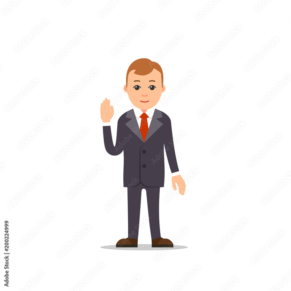 Business man. Businessman stand and one hand is raised, the other is lowered. Dark suit, shirt and tie. Illustration in flat style. Isolated on white background Business man. Businessman stand and one hand is raised, the other is lowered. Dark suit, shirt and tie. Illustration in flat style. Isolated on white background