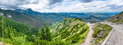 Panorama of mountains, hiking trail and valley in Tatras, Poland