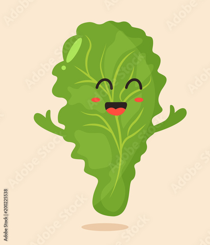 Bright poster with cute cartoon leaf of salad