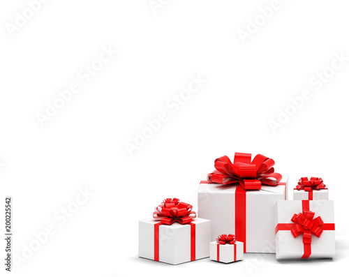 3d realistic set of colorful gift boxes with bows and ribbons.