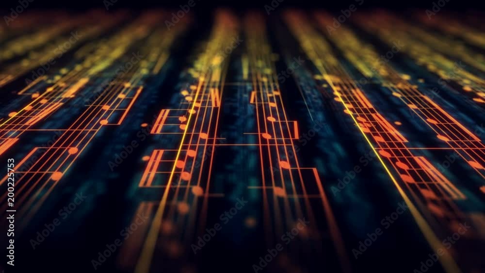 Musical notes composition background in yellow and orange. Seamless loop. The Depth of Field.