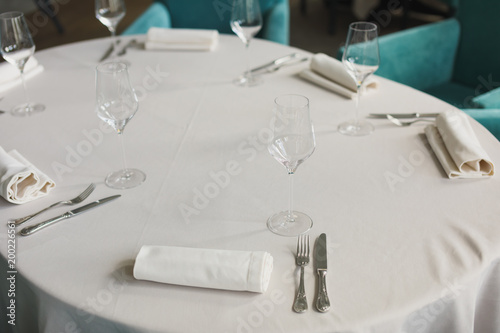 Empty glasses set in restaurant. Beautiful table set