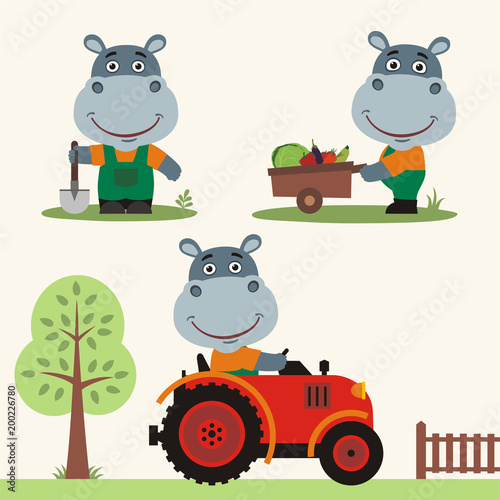 Set of funny hippo farmer with shovel, with wheelbarrow with vegetables, in farm tractor. Collection of hippo is working on the farm.