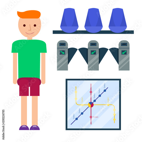 Metro station transportation modern railroad trip transit tunnel vehicle service vector illustration.