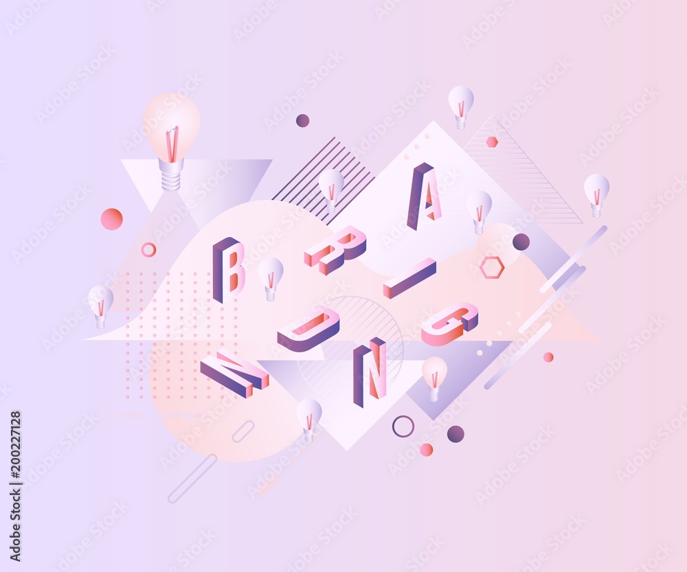 Branding word design - isometric letters scattered on pastel background with gradient fluid color abstract geometric shapes for advertise poster or presentation. Vector illustration. Branding word design - isometric letters scattered on pastel background with gradient fluid color abstract geometric shapes for advertise poster or presentation. Vector illustration.