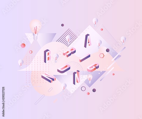 Branding word design - isometric letters scattered on pastel background with gradient fluid color abstract geometric shapes for advertise poster or presentation. Vector illustration.