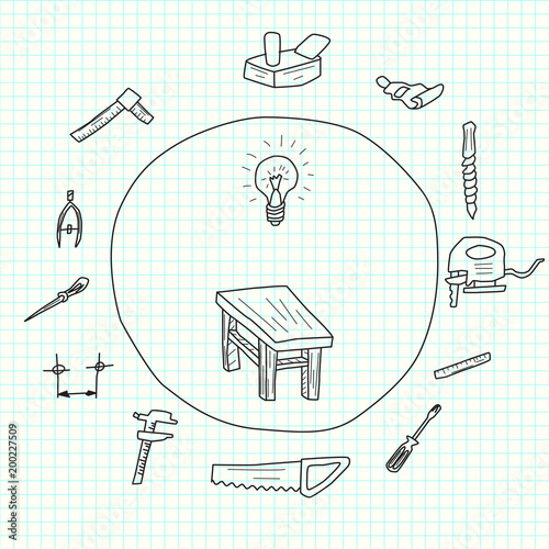 Sketch of tools for furniture construction on a sheet of a school notebook