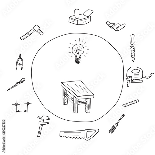 Sketch of tools for furniture construction on white background