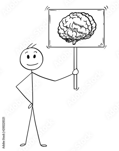 Cartoon stick man drawing conceptual illustration of businessman holding sign with brain image symbol. Business concept of intelligence and understanding.
