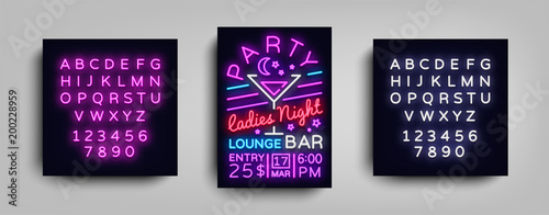 Cocktail Party poster neon. Flyer template design in neon style. Ladies Night Cocktail Party Dance Invitations, Light Banner, Bright Brochure Nightlife. Vector illustration. Editing text neon sign