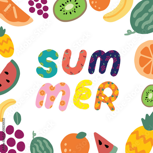 Hand drawn vector illustration of summer text and fruit frame on white background.Abstract doodle wallpaper.