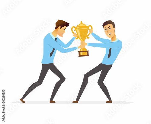Businessmen fighting for a trophy - cartoon people character isolated illustration